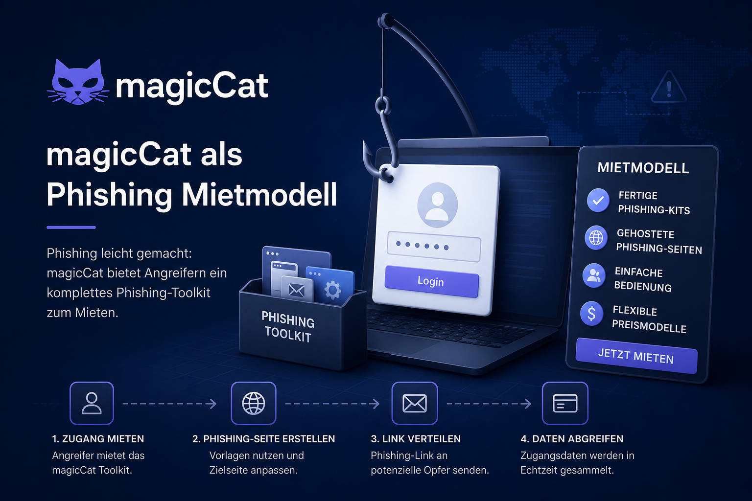 MagicCat als Phishing-Mietmodell — Visualisierung des Phishing-as-a-Service-Geschäfts mit den vier Schritten Zugang mieten, Phishing-Seite erstellen, Link verteilen, Daten abgreifen