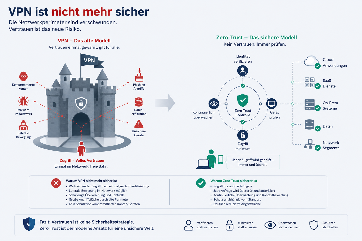 Vergleichsgrafik VPN/Castle-and-Moat-Modell links, Zero Trust rechts. Linke Seite: Burg mit VPN-Flagge, sechs Pfeile auf typische Schwachstellen (kompromittierte Konten, Malware im Netzwerk, laterale Bewegung, Phishing, Datenexfiltration, unsichere Geraete). Rechte Seite: Zero-Trust-Schild mit vier Prinzipien (Identitaet verifizieren, Geraet pruefen, kontinuierlich ueberwachen, Zugriff minimum), verbunden mit Cloud-, SaaS-, On-Prem-, Daten- und Netzwerk-Ressourcen. Fazit: Vertrauen ist keine Sicherheitsstrategie.