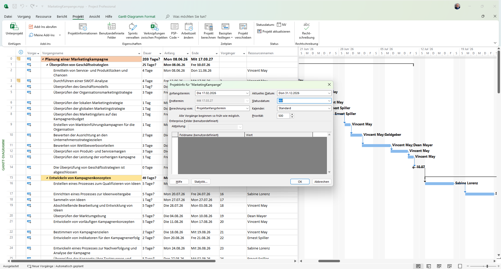 Microsoft Project — Dialog Projektinformationen mit Anfangstermin und Projektkalender