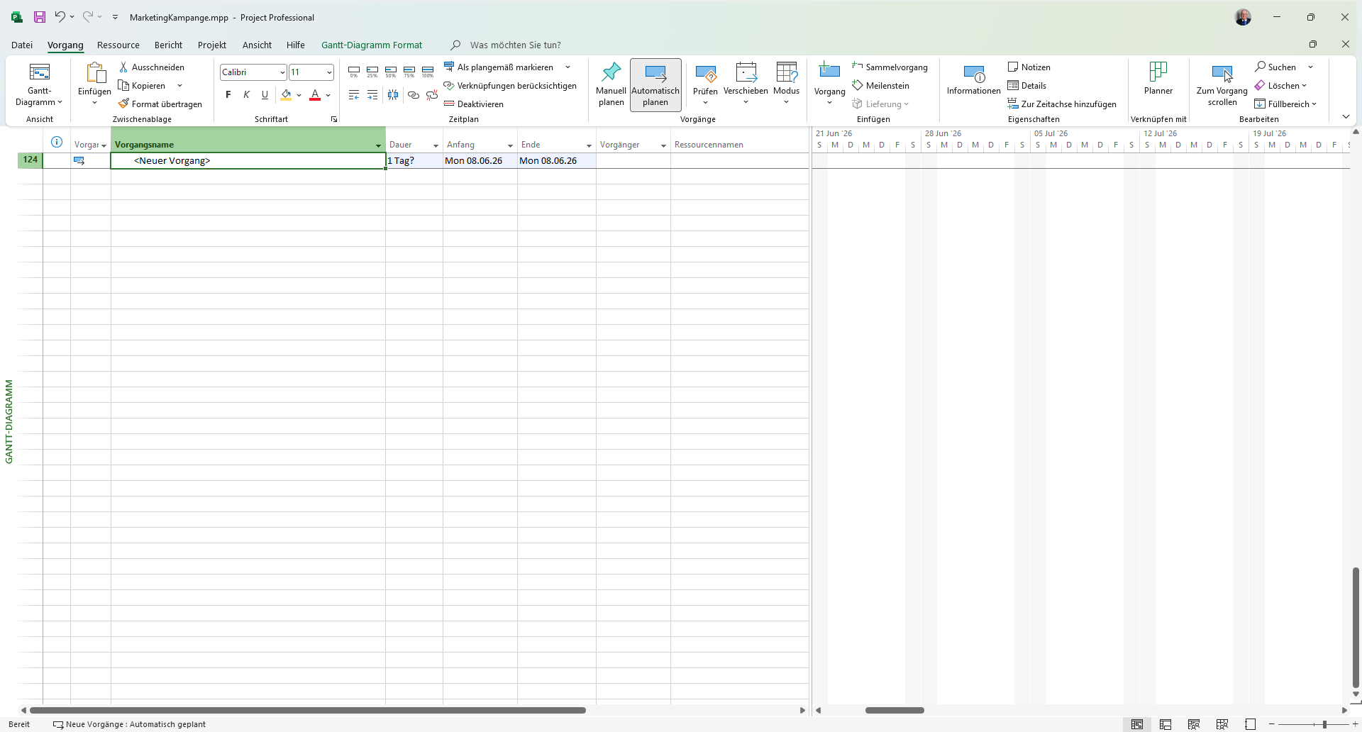 Microsoft Project — Vorgangstabelle mit erfassten Vorgängen und Dauer