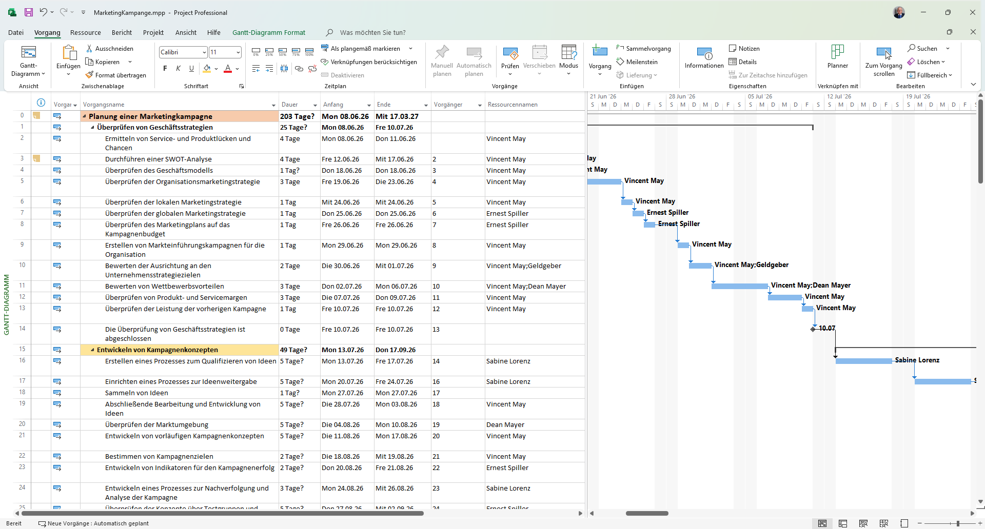 Microsoft Project — Marketingkampagne mit Sammelvorgang, eingerückten Vorgängen und Meilenstein in Tabelle und Gantt