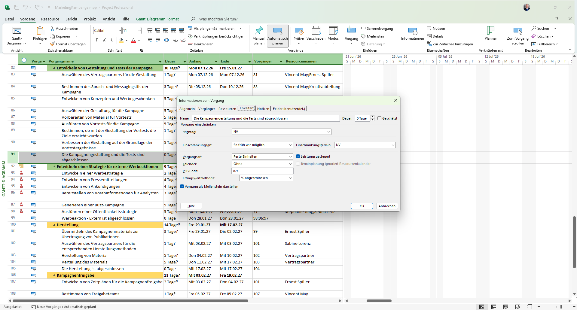 Microsoft Project — Dialog Informationen zum Vorgang, Registerkarte Erweitert: Dauer 0 Tage und Option Vorgang als Meilenstein darstellen