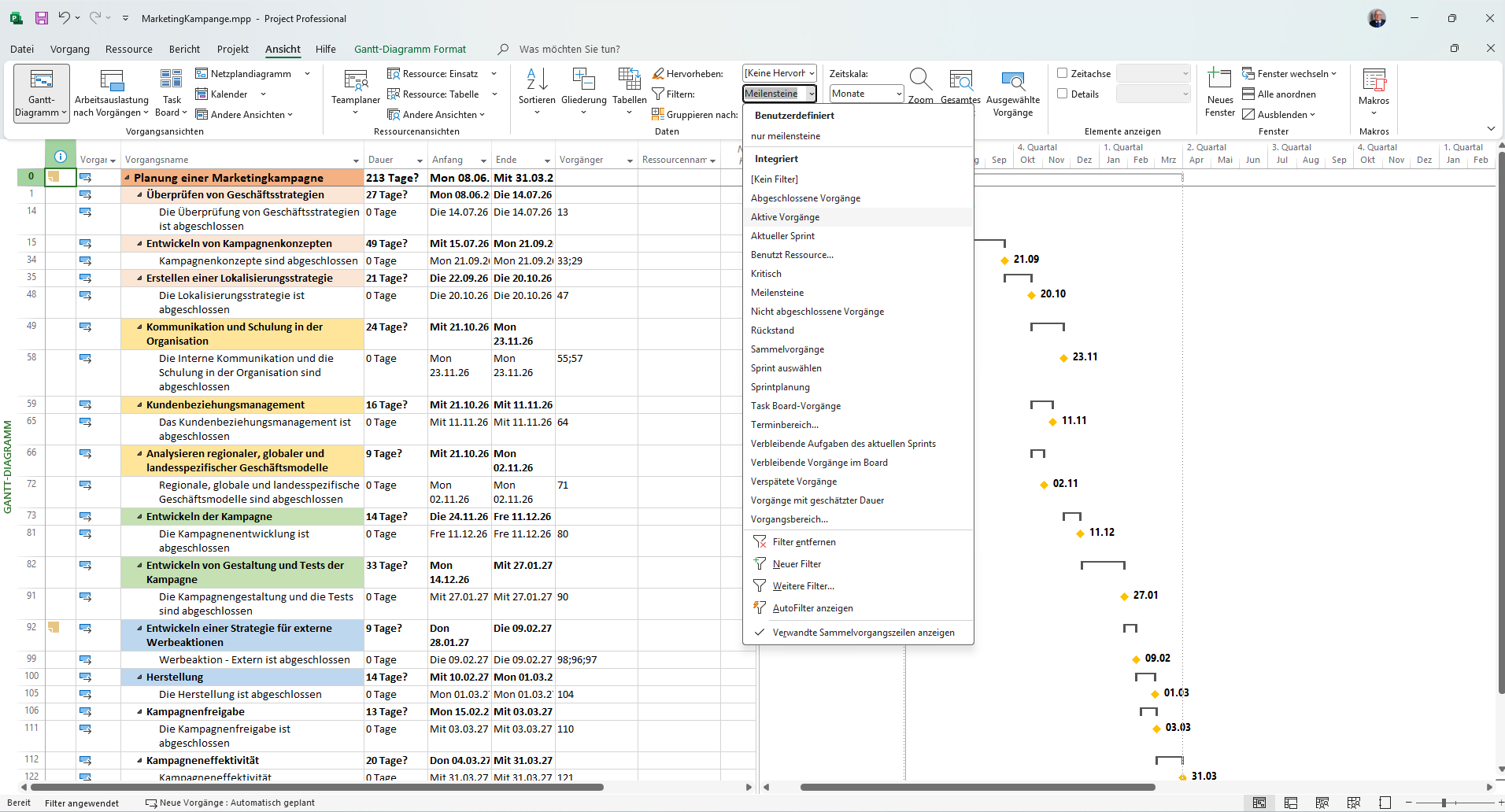Microsoft Project — Vorgangstabelle vollständig sichtbar, das Filter-Menü ist aufgeklappt — der Moment vor dem Anwenden eines Filters