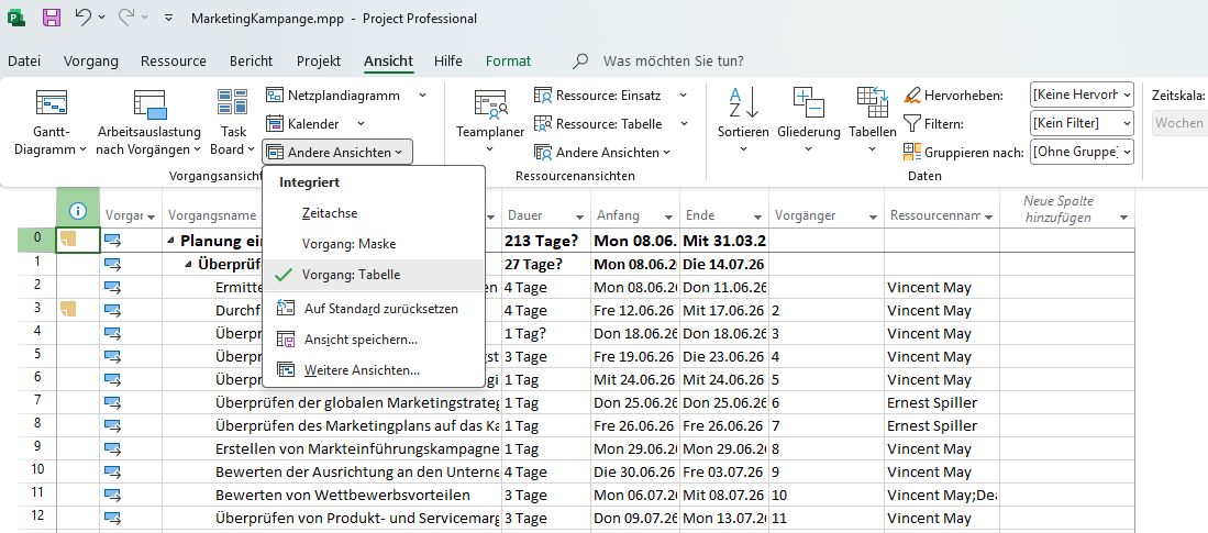 Microsoft Project — aufgeklapptes Menü Andere Ansichten mit Zeitachse, Vorgang Maske, Vorgang Tabelle