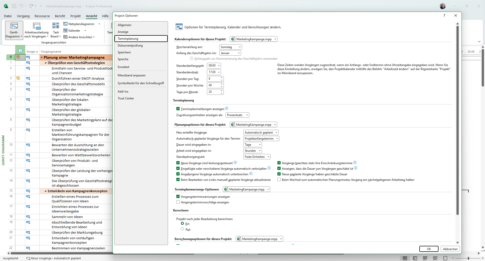 Project-Optionen, Reiter Terminplanung, mit Stunden pro Tag, Standardvorgangsart und der Einstellung für leistungsgesteuerte Vorgänge.