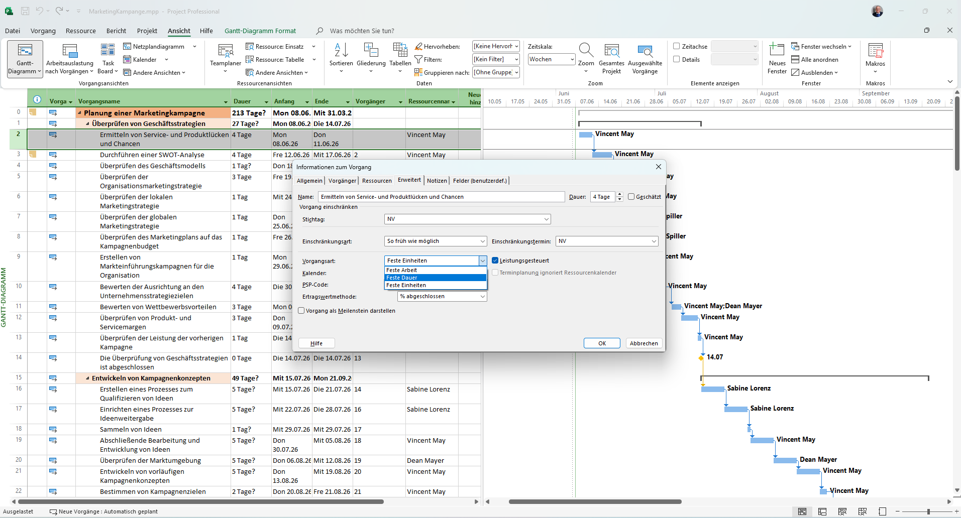 Dialog Informationen zum Vorgang, Reiter Erweitert, mit aufgeklapptem Dropdown der drei Vorgangsarten und dem Häkchen Leistungsgesteuert.