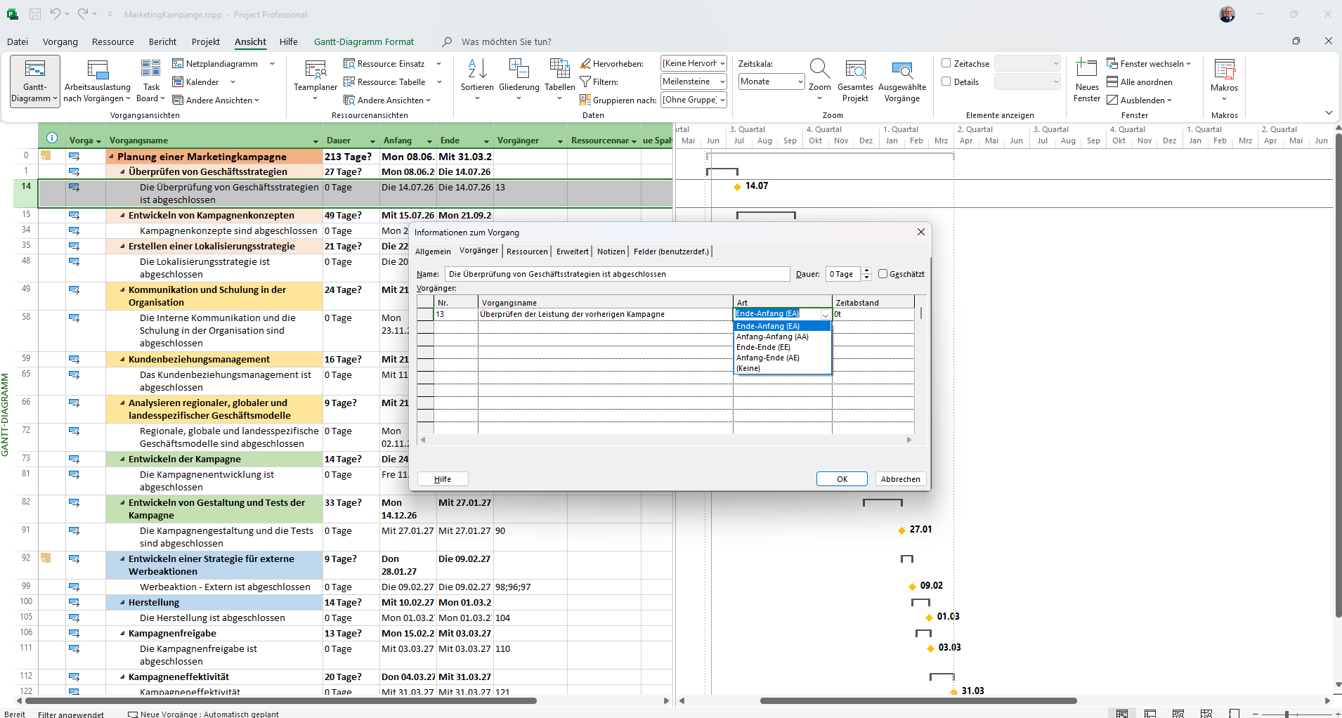 Dialog Informationen zum Vorgang, Reiter Vorgänger, mit aufgeklapptem Dropdown der vier Verknüpfungsarten und der Spalte Zeitabstand.