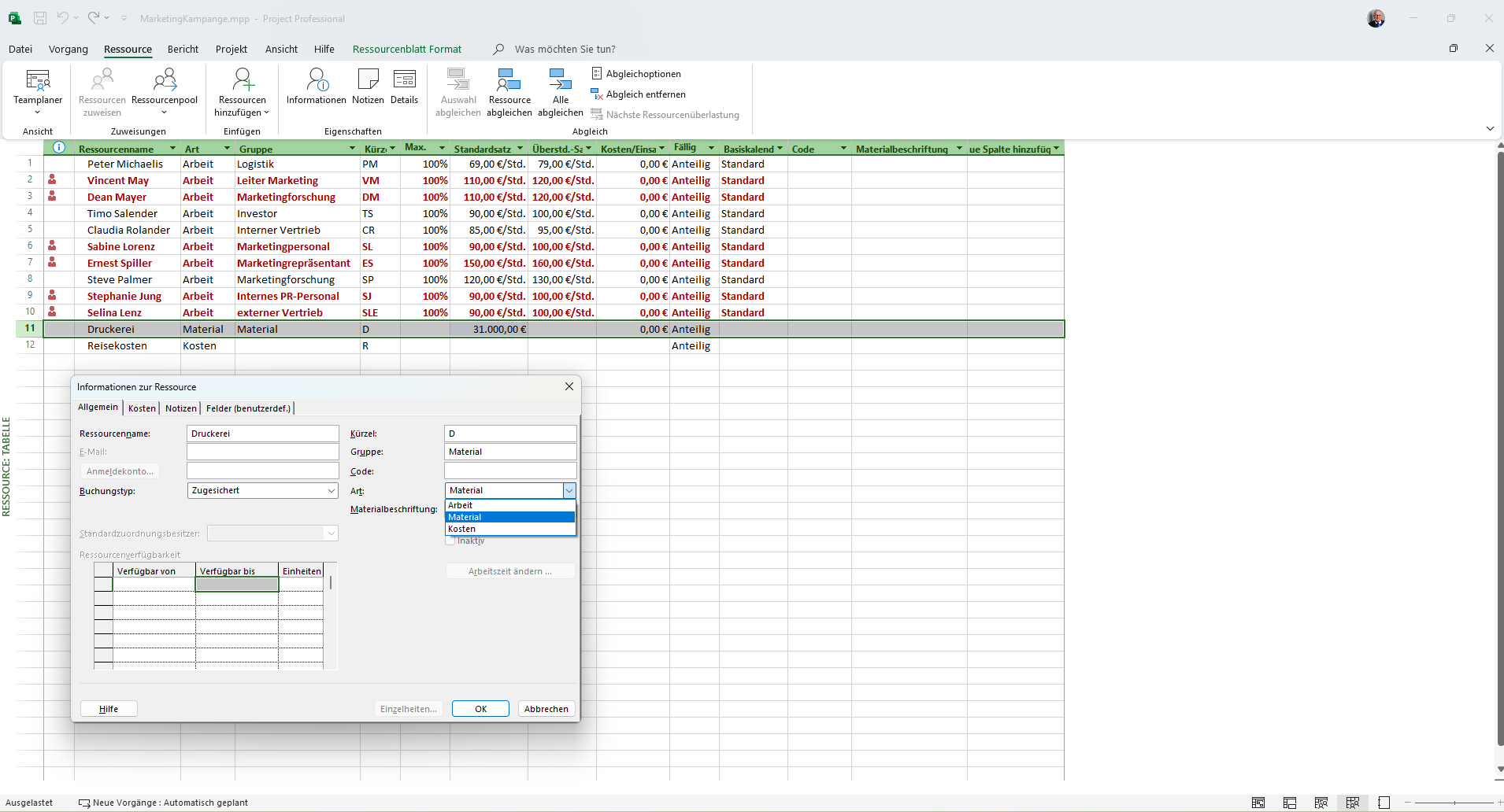 Dialog Informationen zur Ressource mit aufgeklapptem Art-Dropdown (Arbeit, Material, Kosten) und der Spalte Art in der Tabelle dahinter.